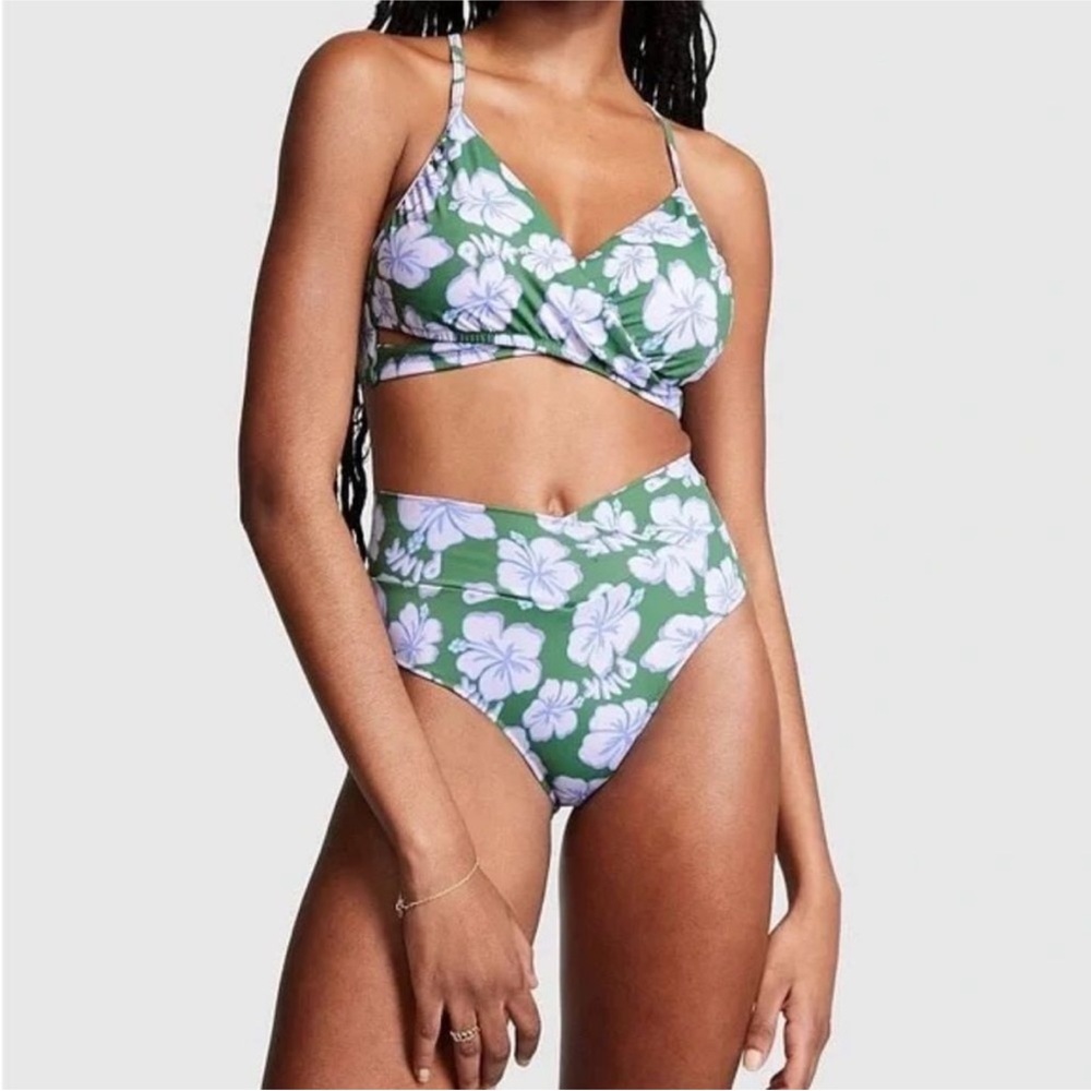 VS Pink Floral Green high waisted  Bikini Set with skirt (see pics)